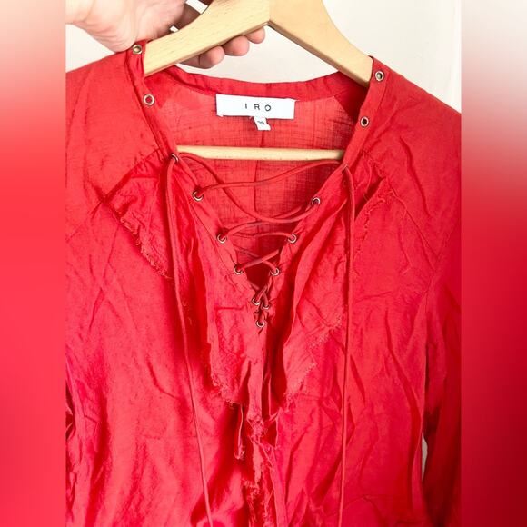 IRO Finley Red Ruffle Lace-up Blouse Boho - Picture 11 of 12